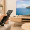 テレビに向けて手に持ったリモコン