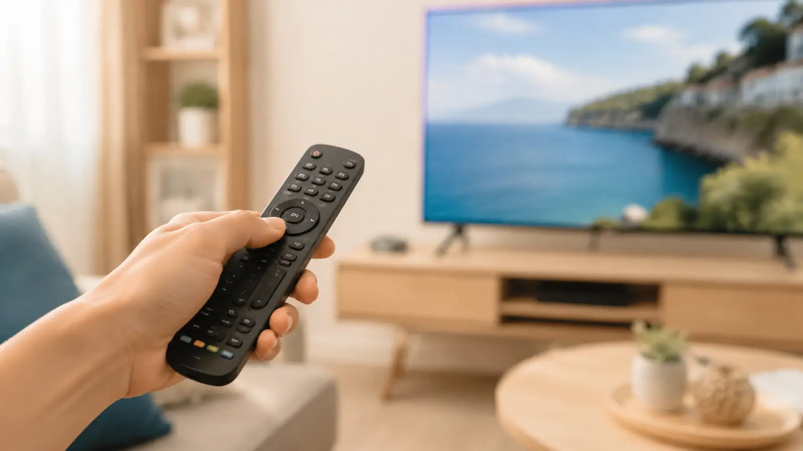 テレビに向けて手に持ったリモコン