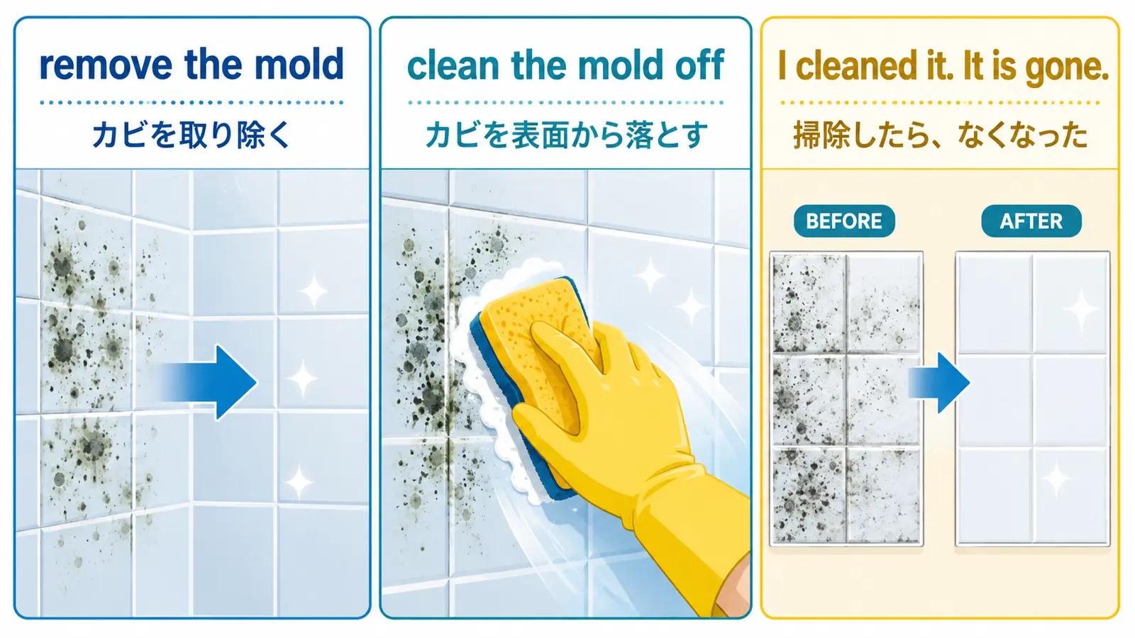 remove the mold、clean the mold off、I cleaned it. It is gone.を比較する図
