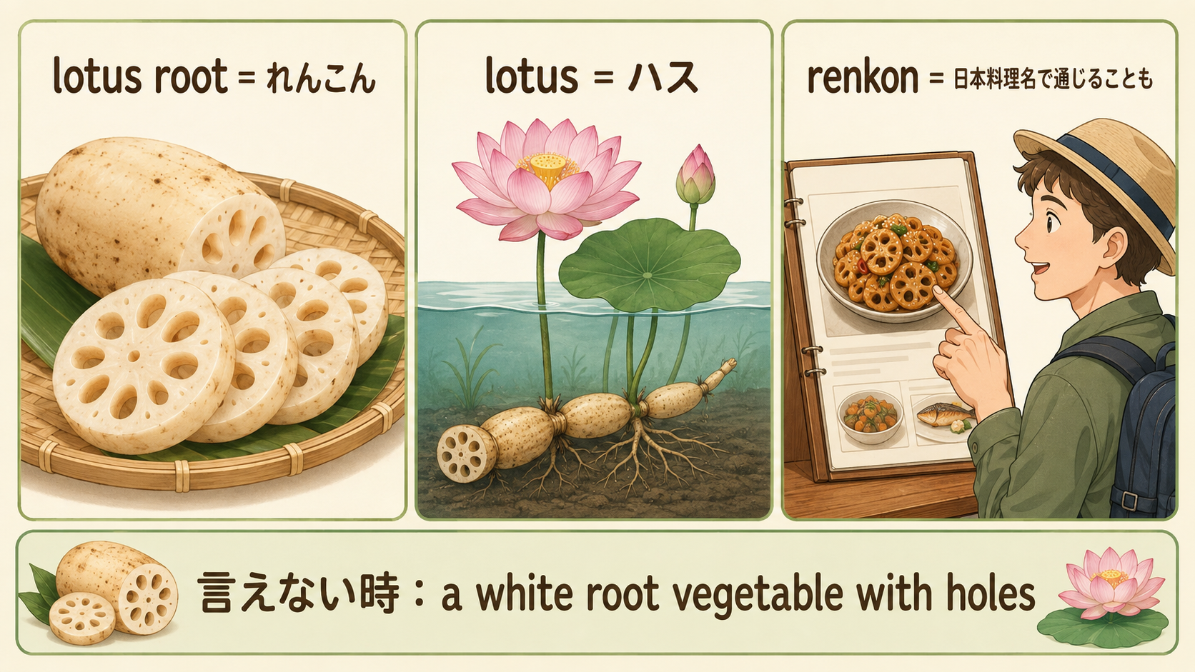 lotus rootはれんこん、lotusはハス、言えない時の英語での説明