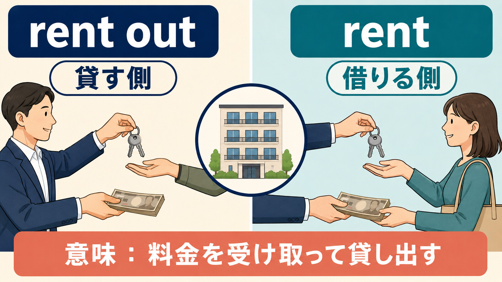 rent outは貸す側、rentは借りる側という視点の違い