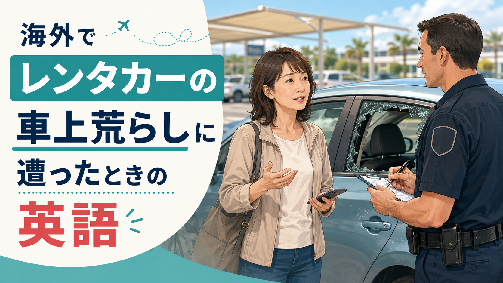 海外のレンタカーで車上荒らしに遭い警察へ説明する日本人旅行者