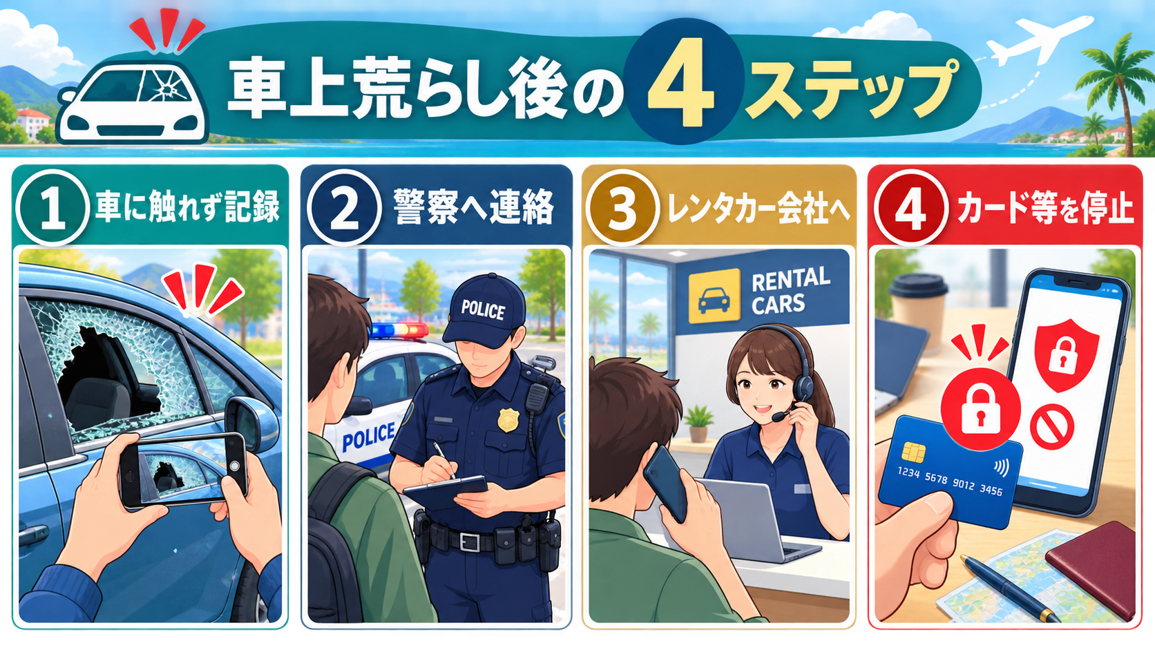 車に触れず記録、警察へ連絡、レンタカー会社へ連絡、カード等を停止する4ステップ