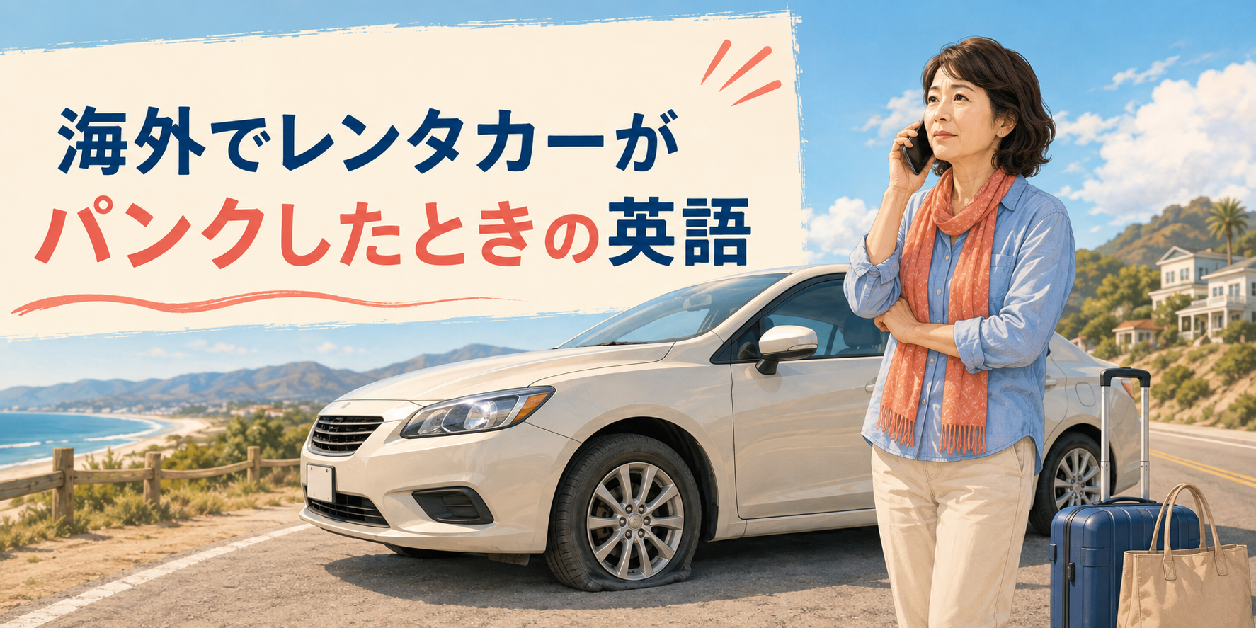 海外の道路でレンタカーがパンクしロードサービスへ電話する日本人女性旅行者