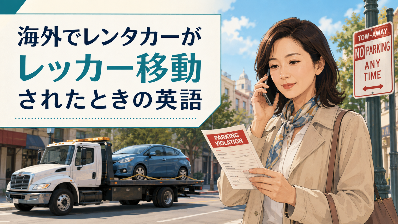 海外でレンタカーがレッカー移動され駐車違反通知を確認しながら電話する日本人旅行者