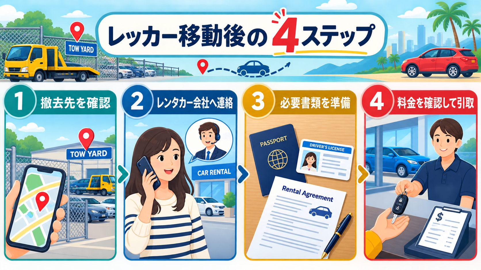 撤去先を確認、レンタカー会社へ連絡、必要書類を準備、料金を確認して引き取る4ステップ