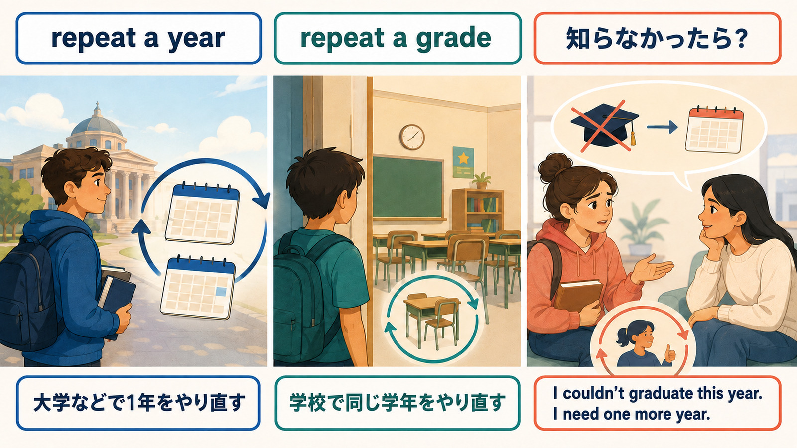 repeat a yearとrepeat a gradeの違いとI couldn’t graduate this yearという言い換え