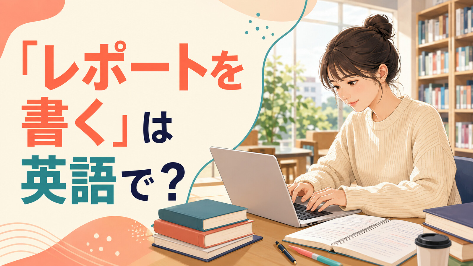 図書館でパソコンを使ってレポートを書く学生