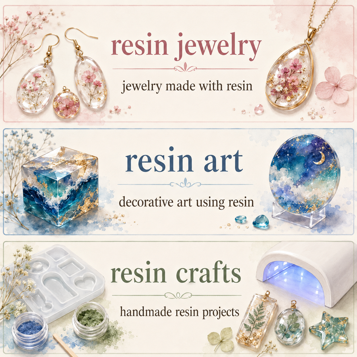 resin jewelry、resin art、resin craftsの英語表現比較