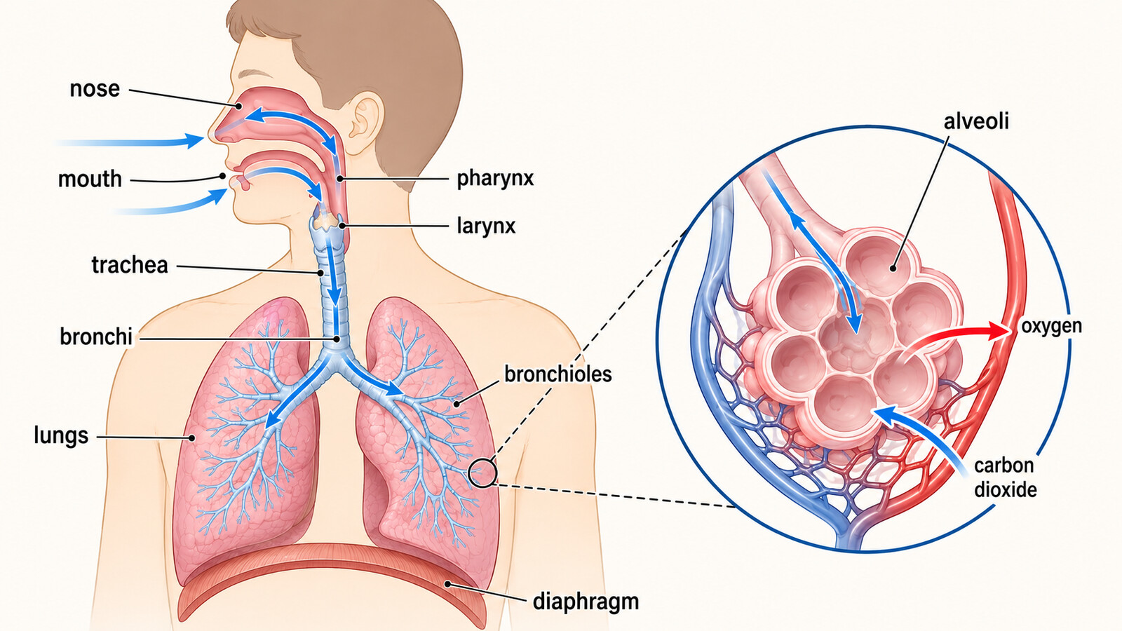 nose・mouth・pharynx・larynx・trachea・bronchi・bronchioles・alveoli・lungs・diaphragmを示した英語図解