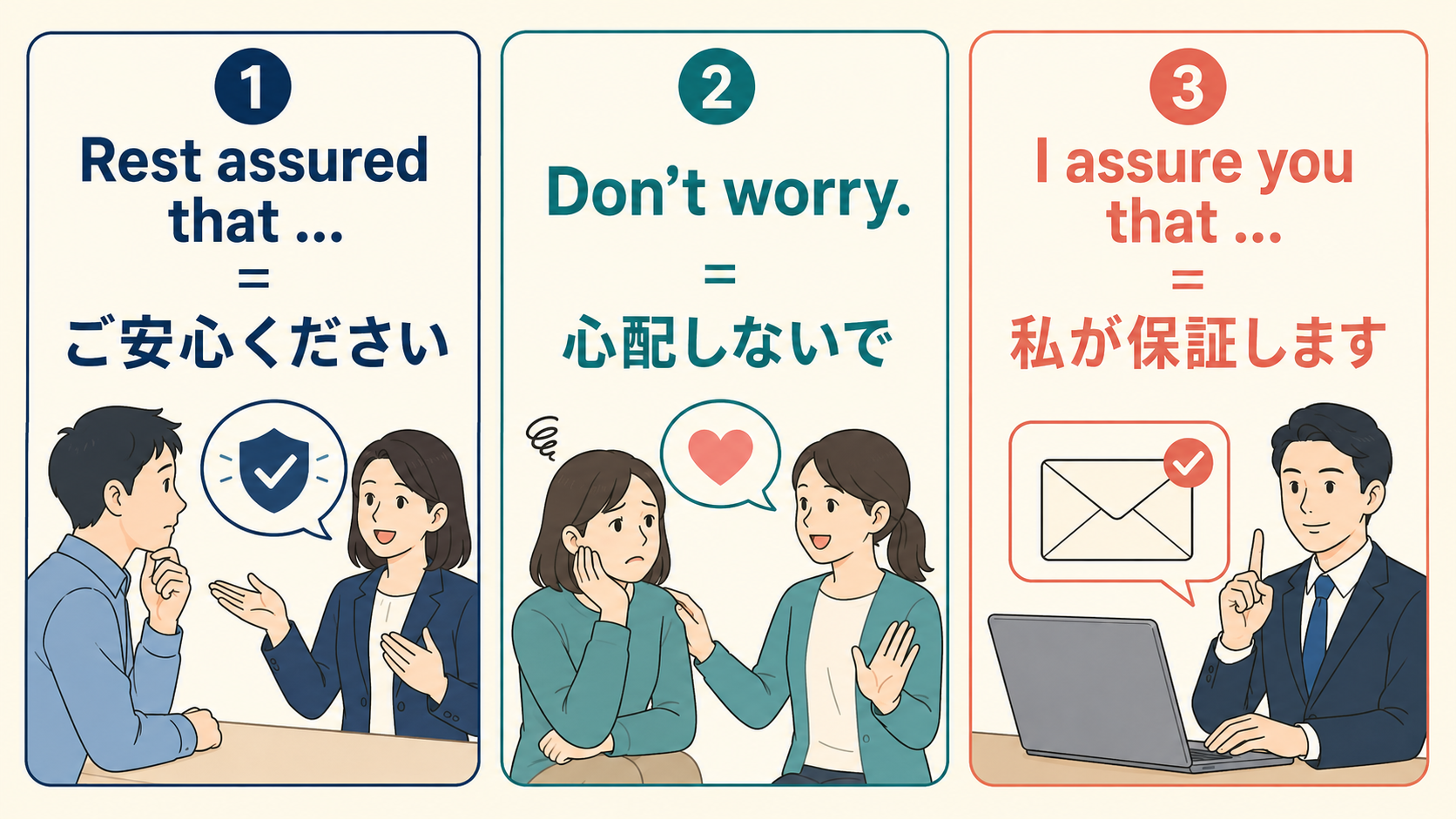 Rest assured that・Don't worry・I assure you thatの違い