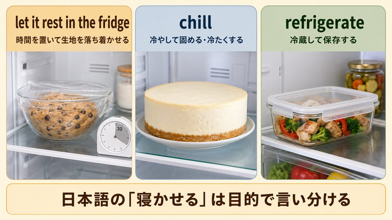 冷蔵庫で寝かせるrest・冷やすchill・冷蔵保存するrefrigerateの違い