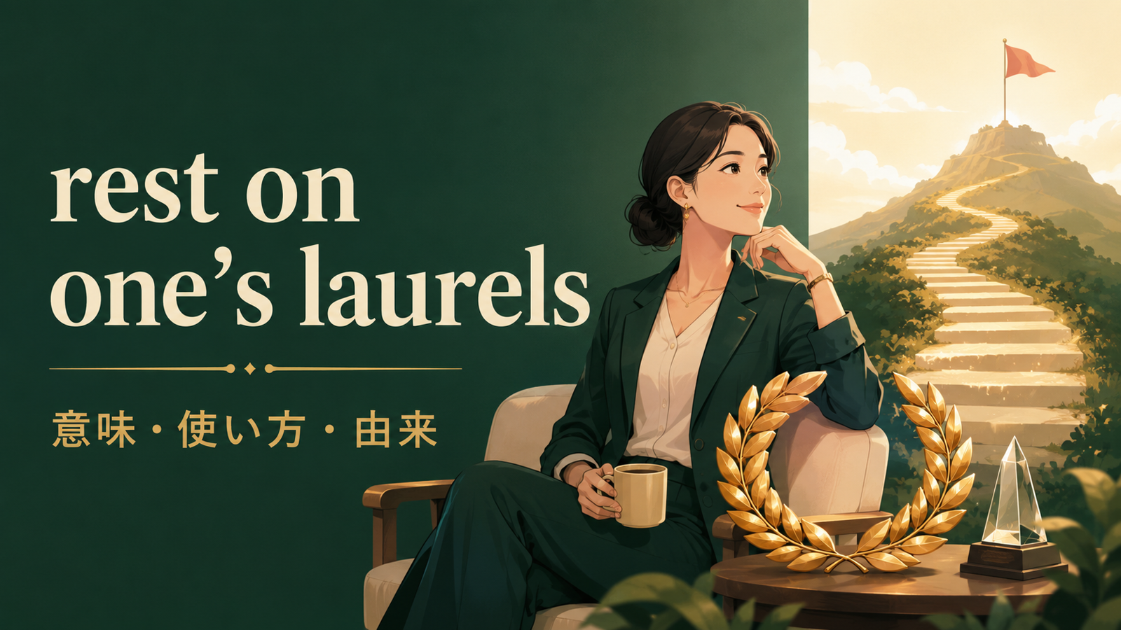 rest on one’s laurelsの意味・使い方・由来を示すアイキャッチ画像