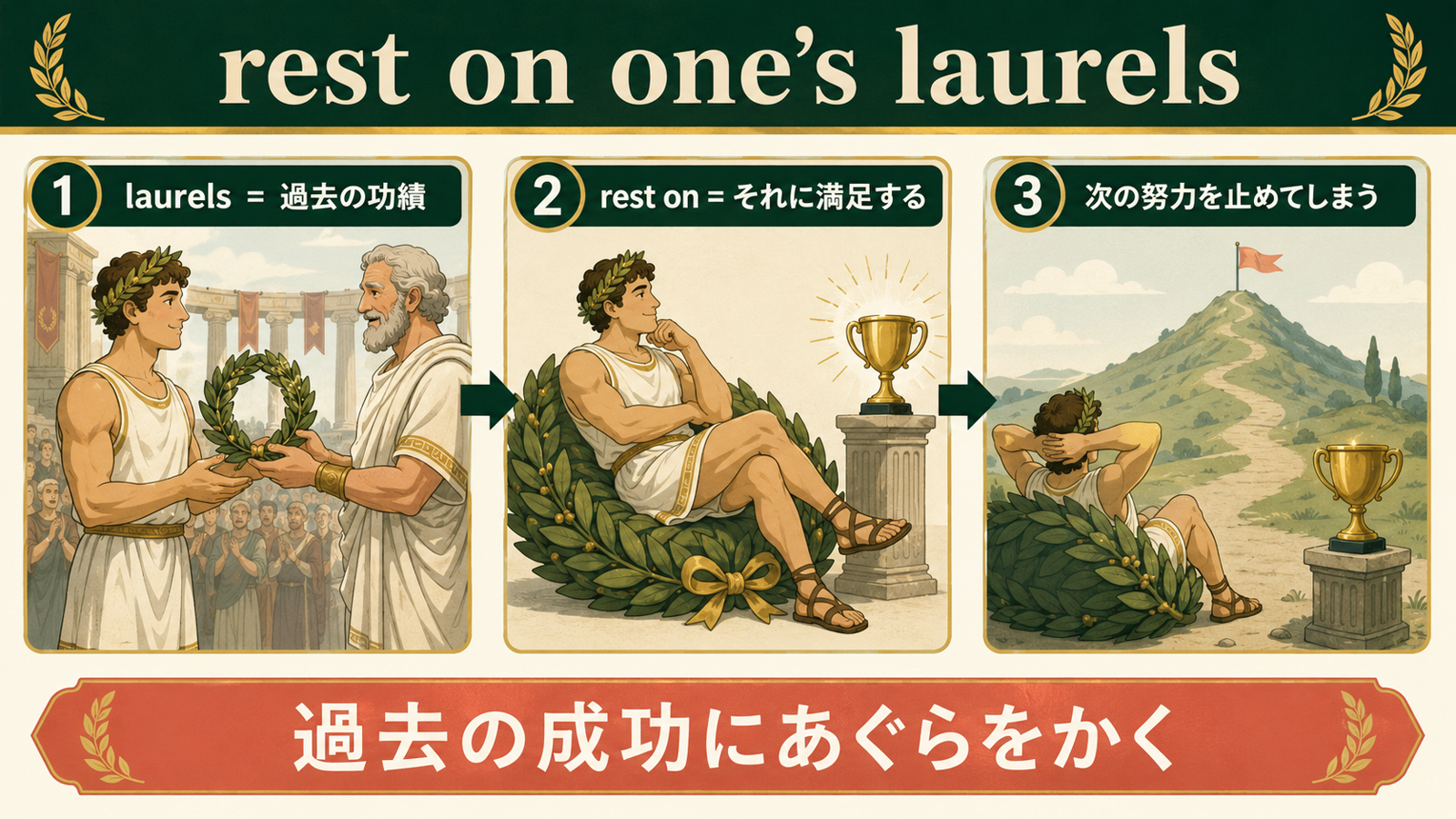 rest on one’s laurelsの月桂冠の由来と過去の成功に満足する意味を説明するイラスト