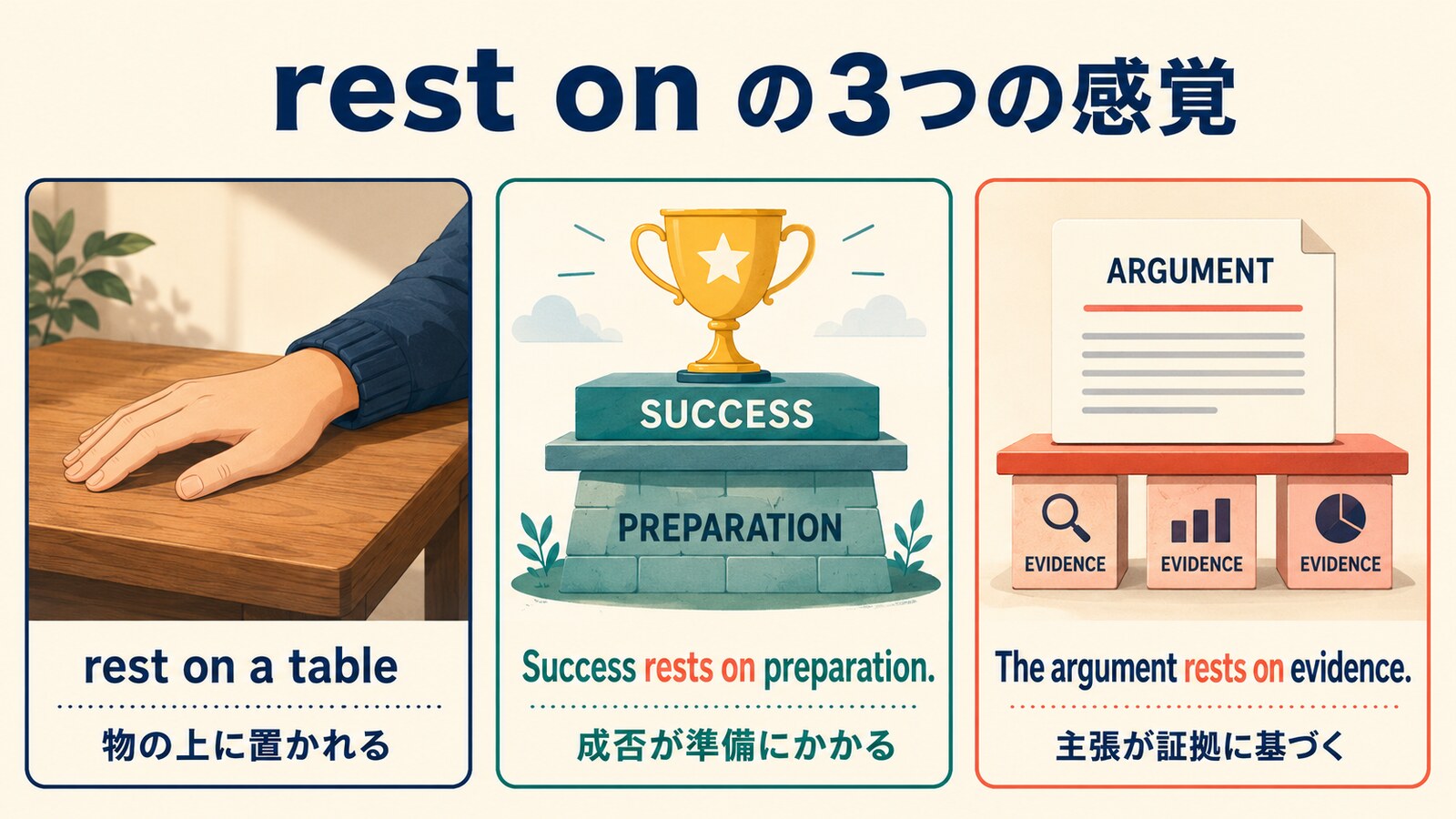 rest onの物理的意味、成否がかかる意味、根拠とする意味を比較した図