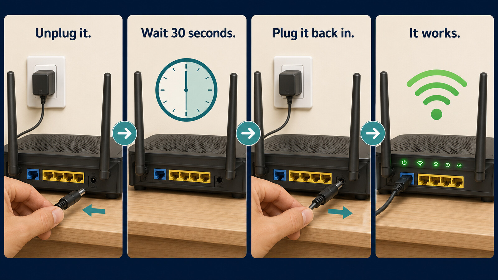 Unplug it、Wait 30 seconds、Plug it back in、It worksの4ステップ