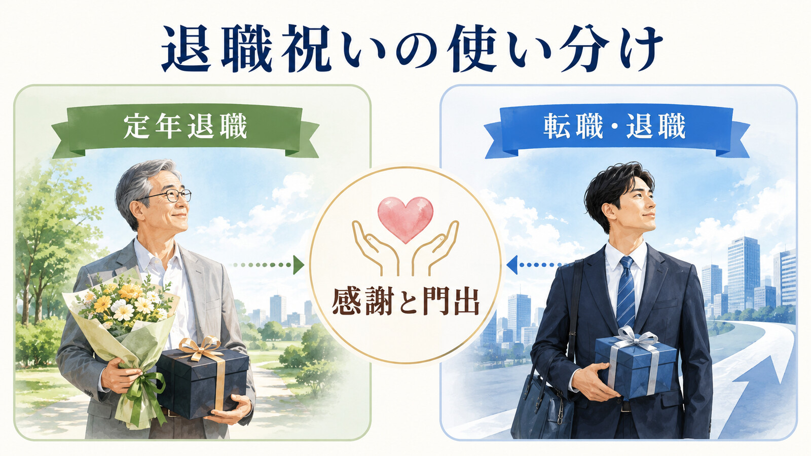 退職祝いの意味・場面・英語の使い分けを示す図解