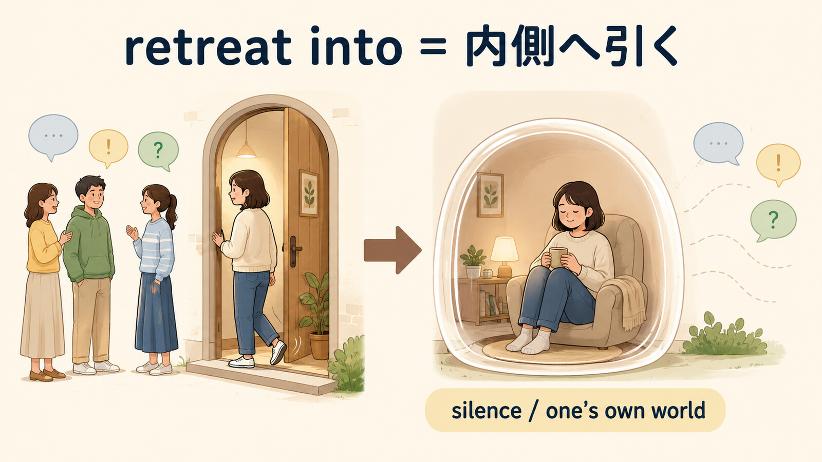 retreat intoは沈黙や自分の世界の内側へ引くことを表す図