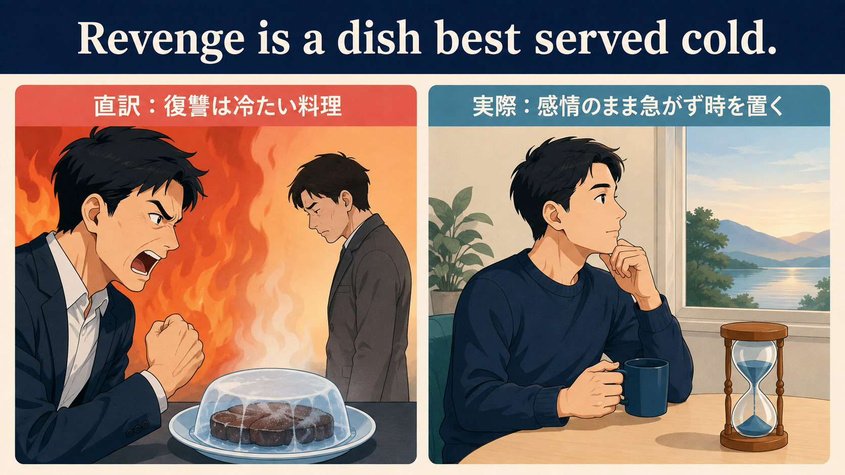 Revenge is a dish best served cold.の直訳と実際のニュアンスを比較する図解