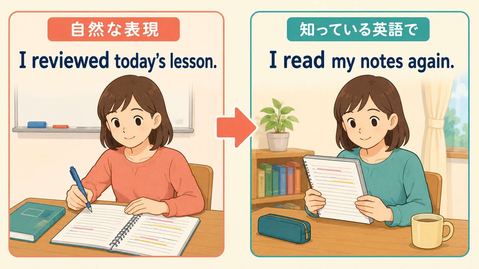 I reviewed today's lessonをI read my notes againと言い換える解説イラスト