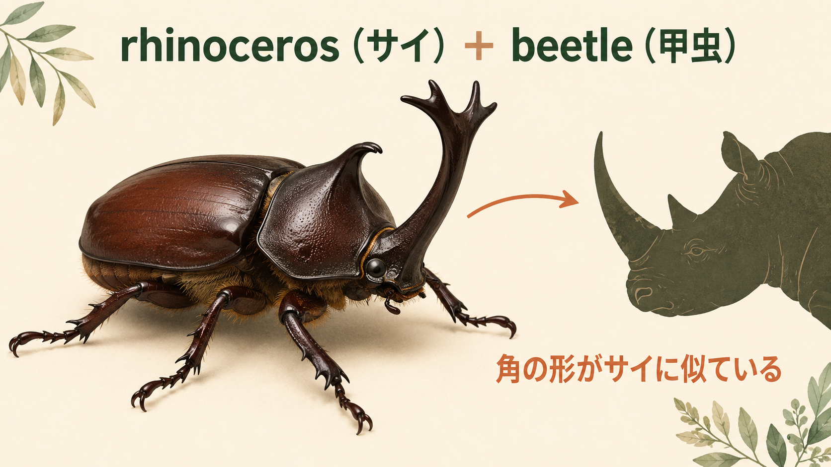 カブトムシとサイの角を比較しrhinoceros beetleの名前の由来を説明する図