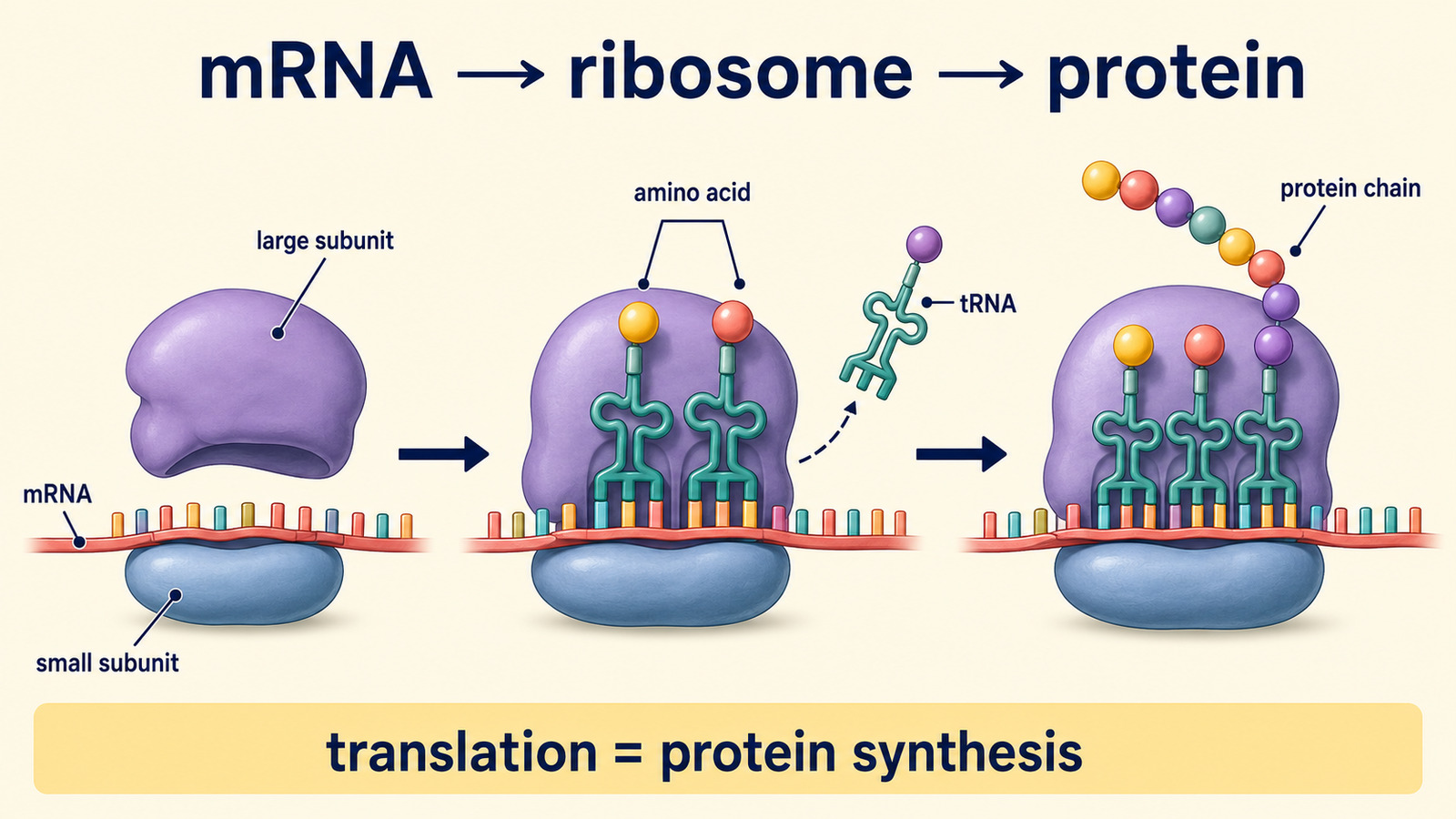 ribosomeがmRNAを読みtRNAとamino acidからprotein chainを作るtranslationの英語図解