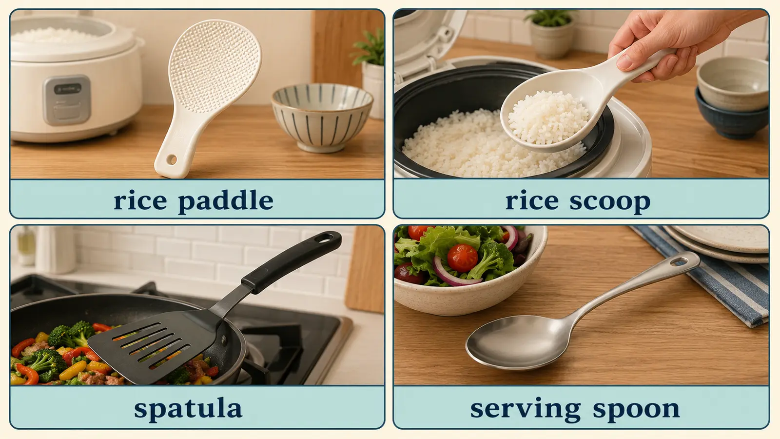 rice paddle、rice scoop、spatula、serving spoonの形と用途の違い