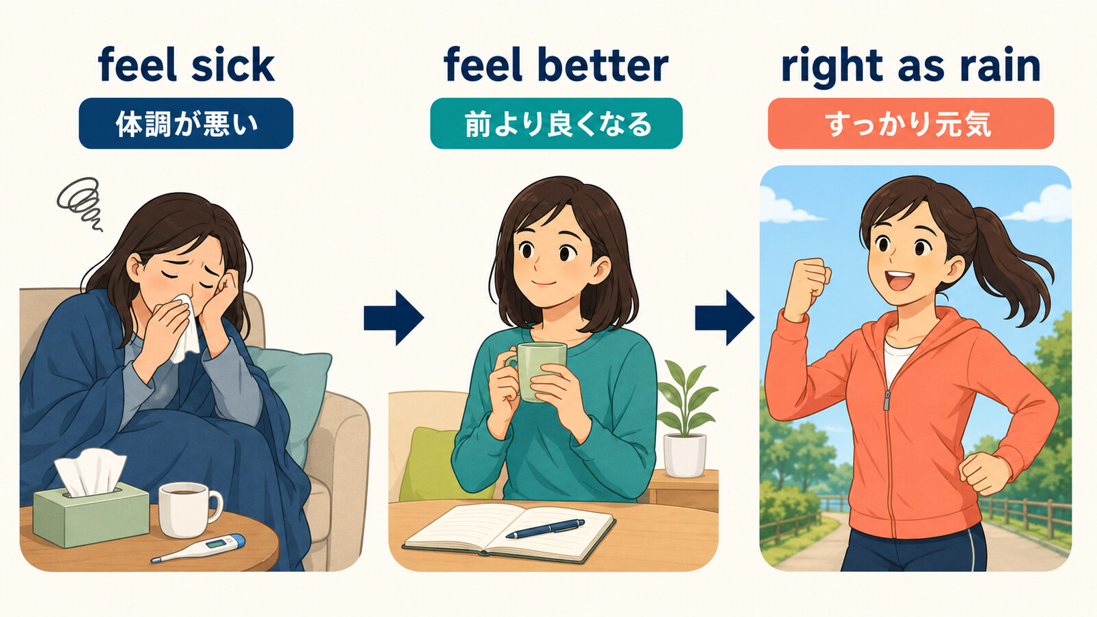 feel sickからfeel better、right as rainまでの体調回復のニュアンスを比較した図