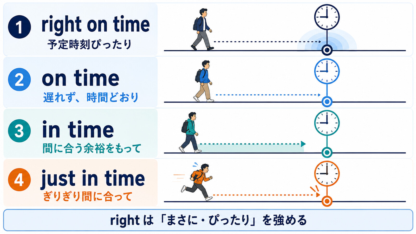 right on time・on time・in time・just in timeの時間感覚を比較した図