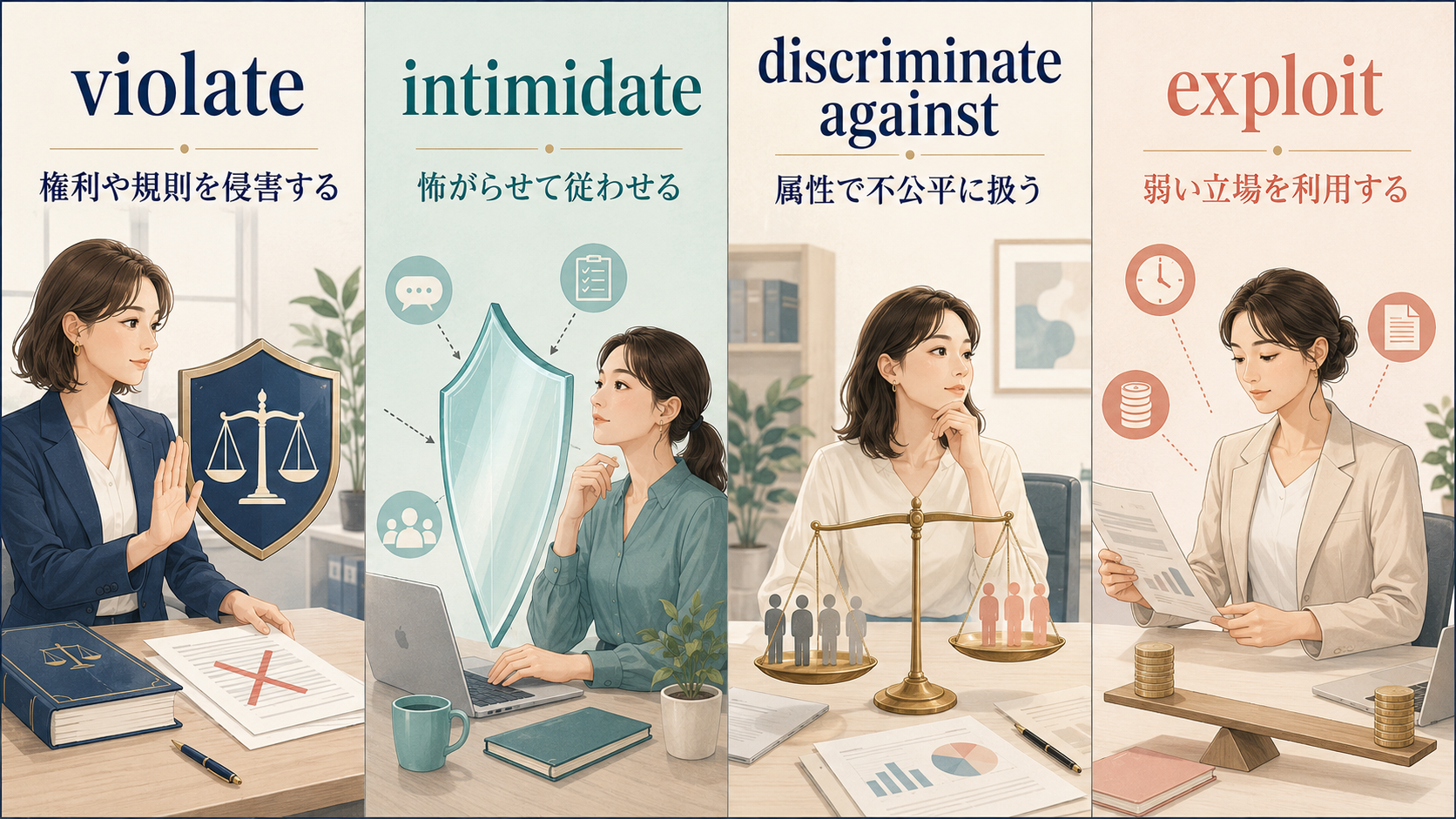 violate・intimidate・discriminate against・exploitの意味の違いを4場面で比較