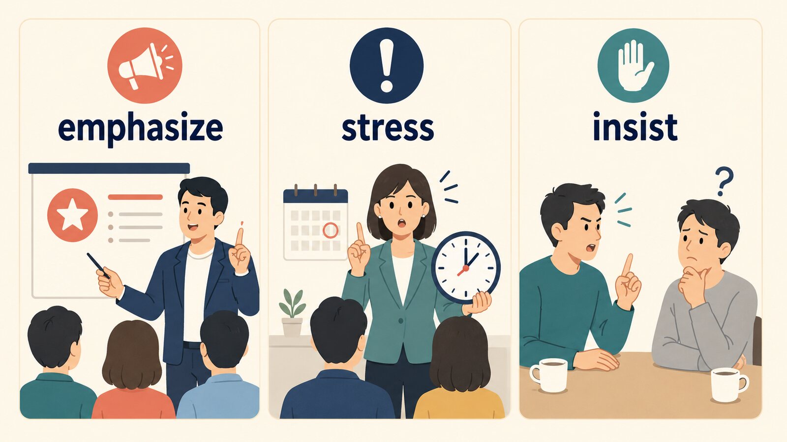 力説するをemphasize、stress、insistに分けた図