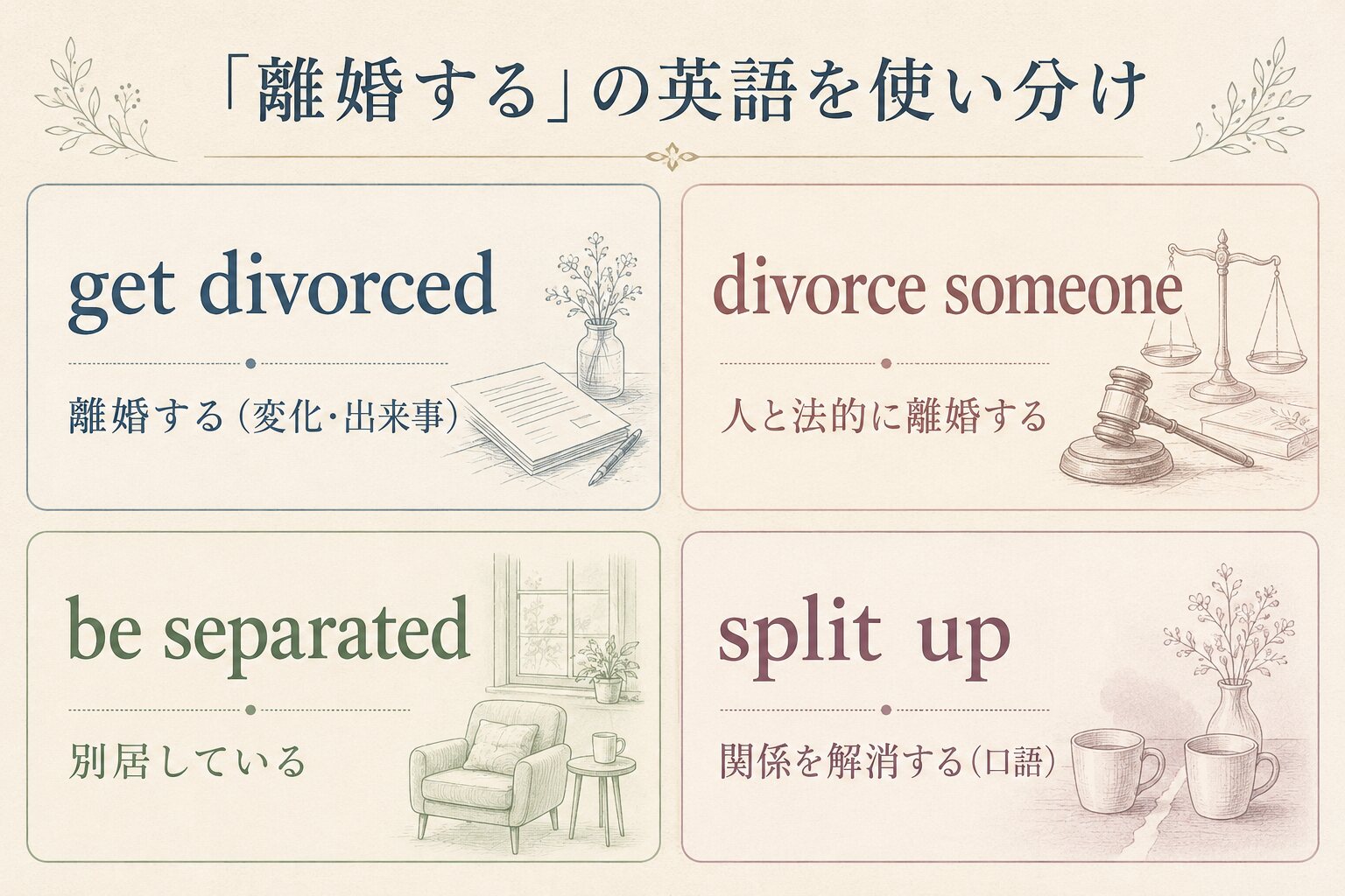 get divorced・divorce someone・be separated・split upの違い
