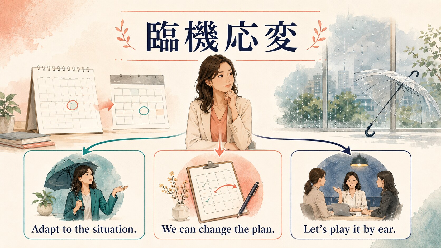 臨機応変を Adapt to the situation、We can change the plan、Let’s play it by ear で説明する英語イラスト
