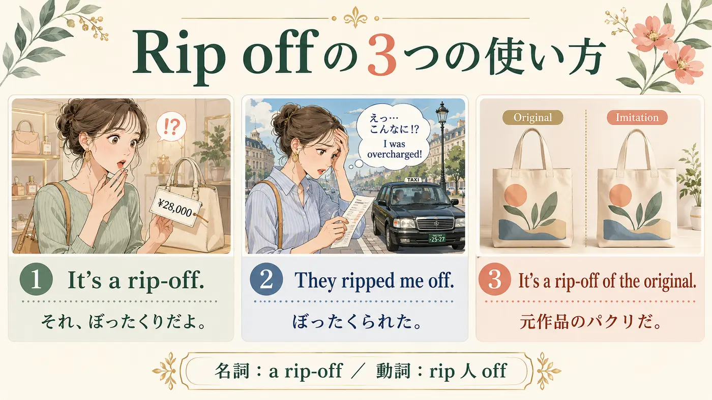 Rip offの3つの使い方 a rip-off・ripped me off・a rip-off of