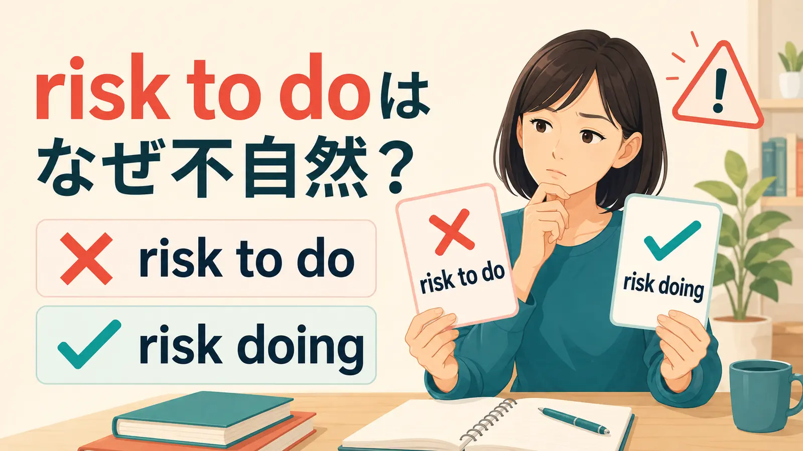 risk to doは不自然でrisk doingが自然だと示すアイキャッチ