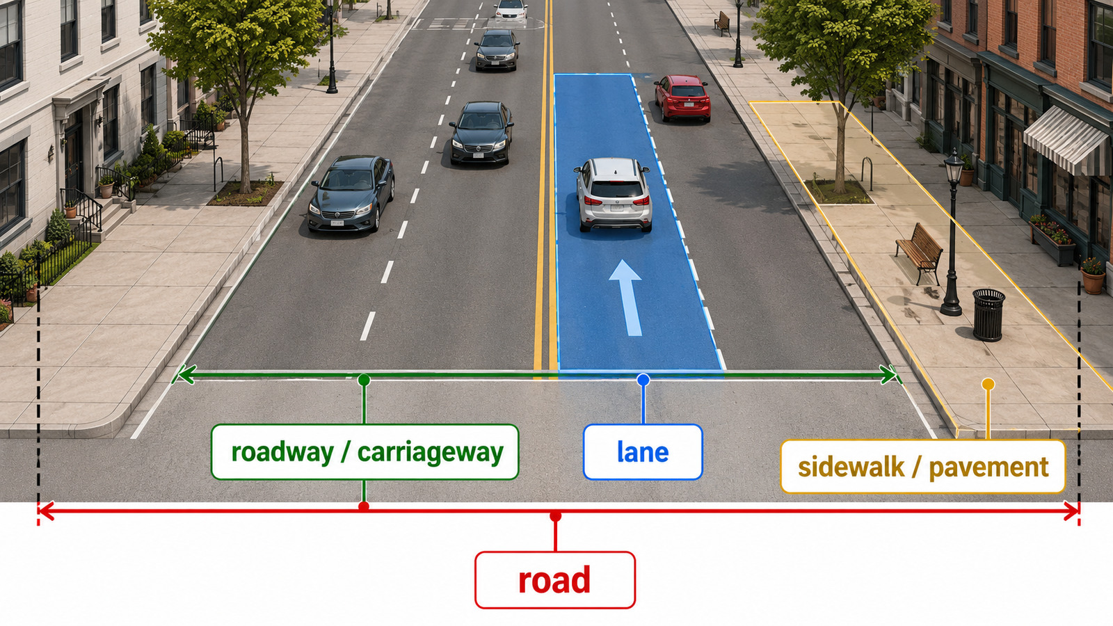 road・roadway・carriageway・lane・sidewalkの範囲を示す比較図