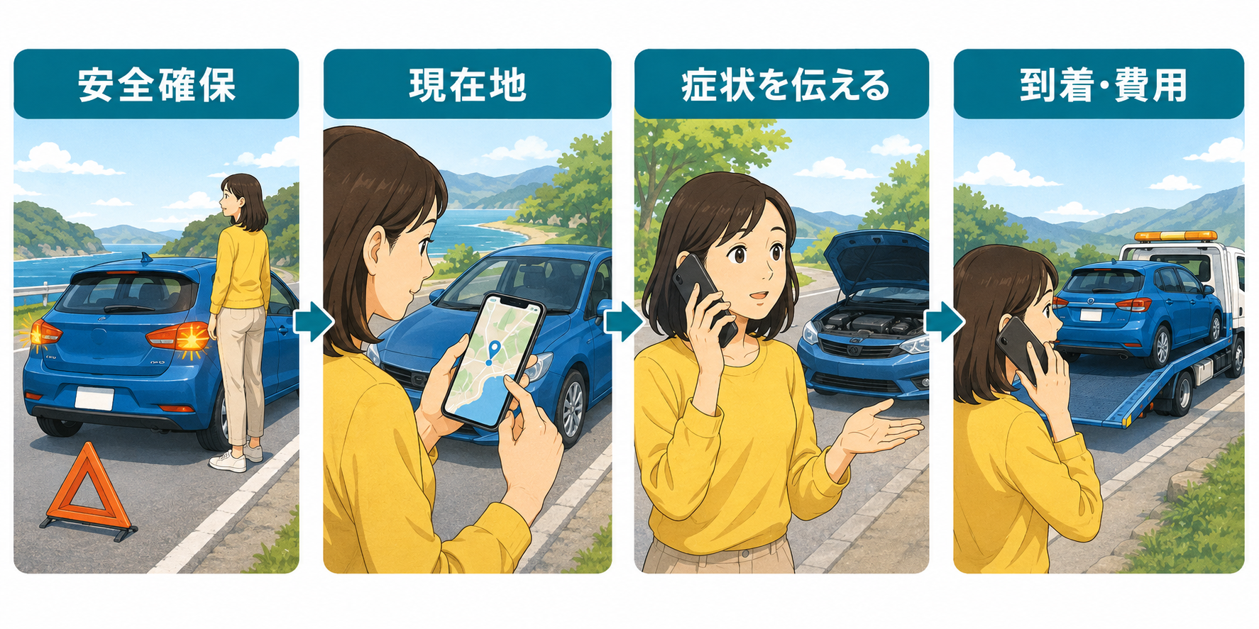 海外で車が故障したときの安全確保、現在地確認、症状説明、到着時間と費用確認の4ステップ