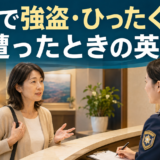 海外で強盗やひったくりに遭い、安全な場所で警察官へ説明する旅行者
