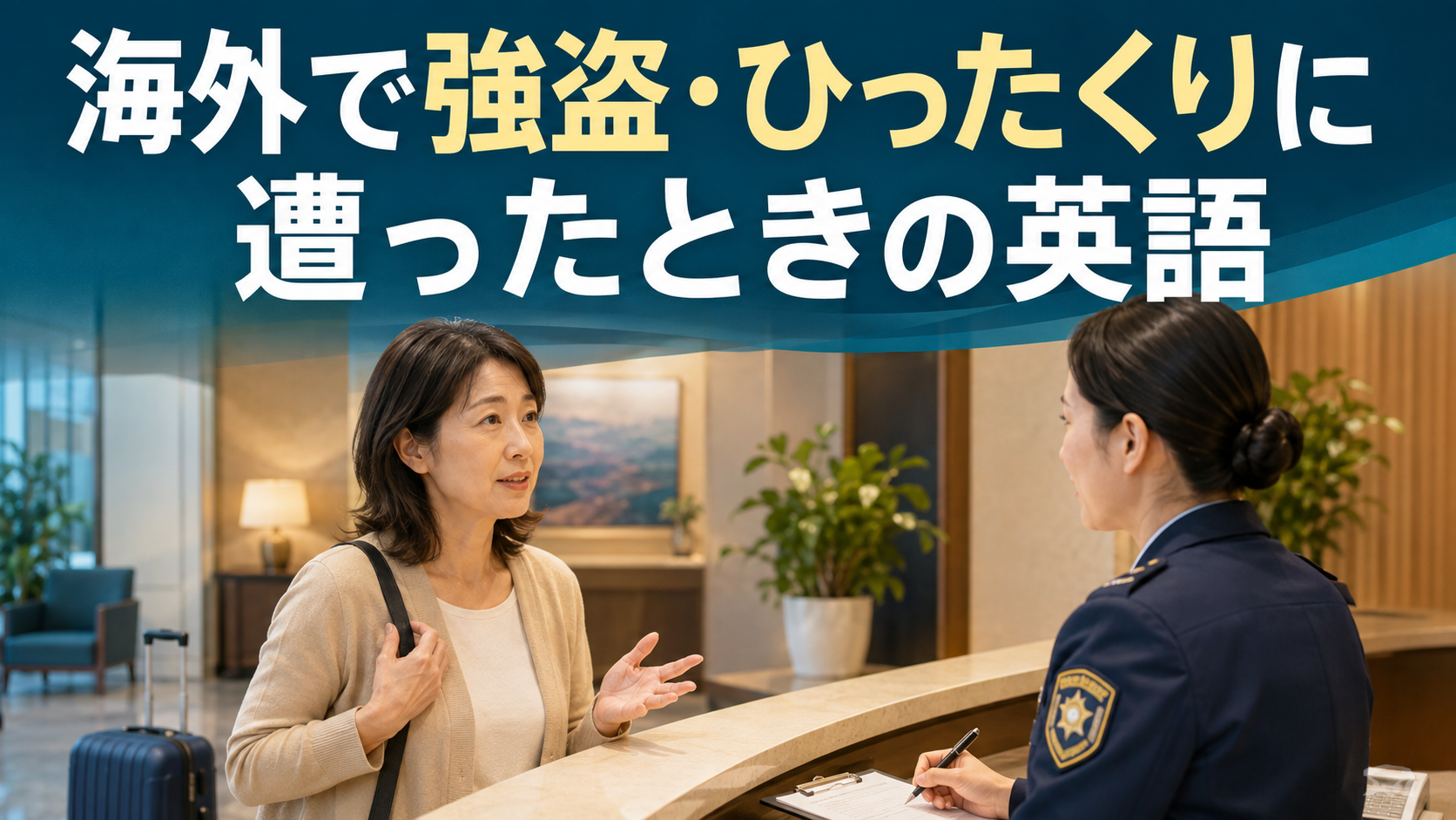 海外で強盗やひったくりに遭い、安全な場所で警察官へ説明する旅行者