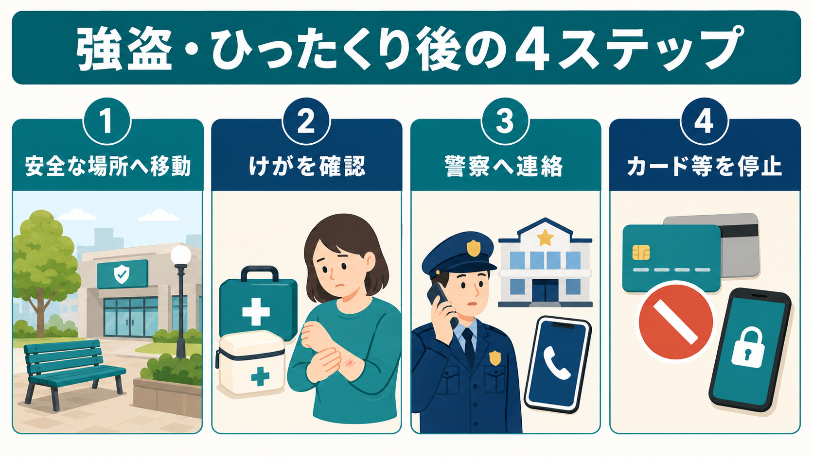 安全確保・けがの確認・警察への連絡・カード等停止の4ステップ