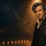 ロビン・ウィリアムズの英語の名言をイメージした、劇場に立つ名優のイラスト