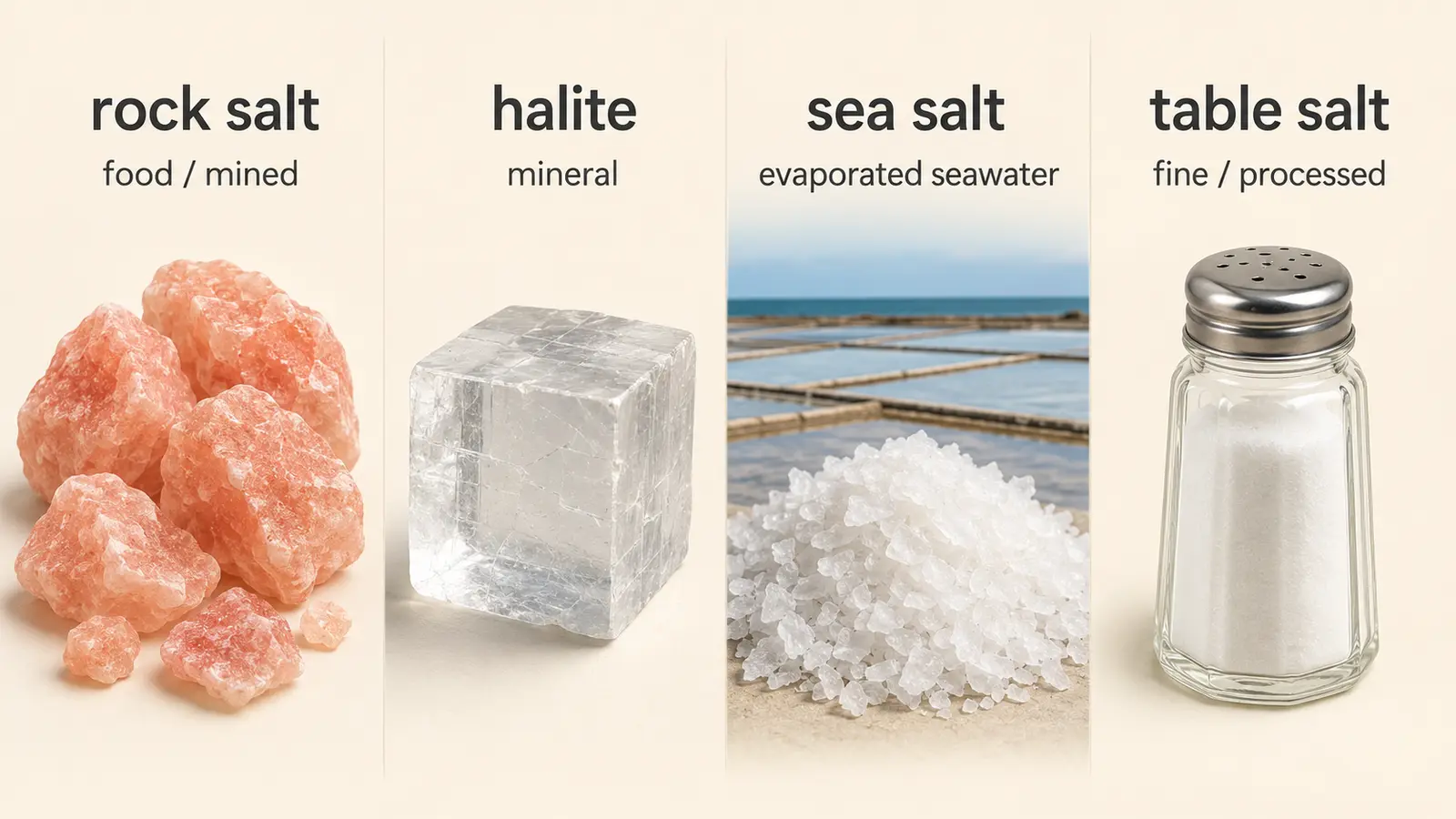 rock salt、halite、sea salt、table saltの意味と見た目を比較した英語解説画像