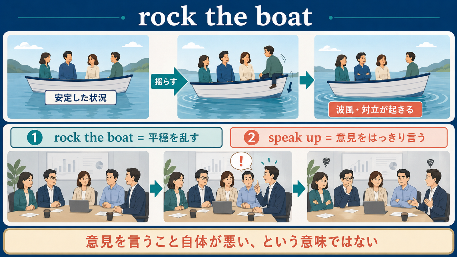rock the boatのコアイメージとspeak upとの違いを説明するイラスト