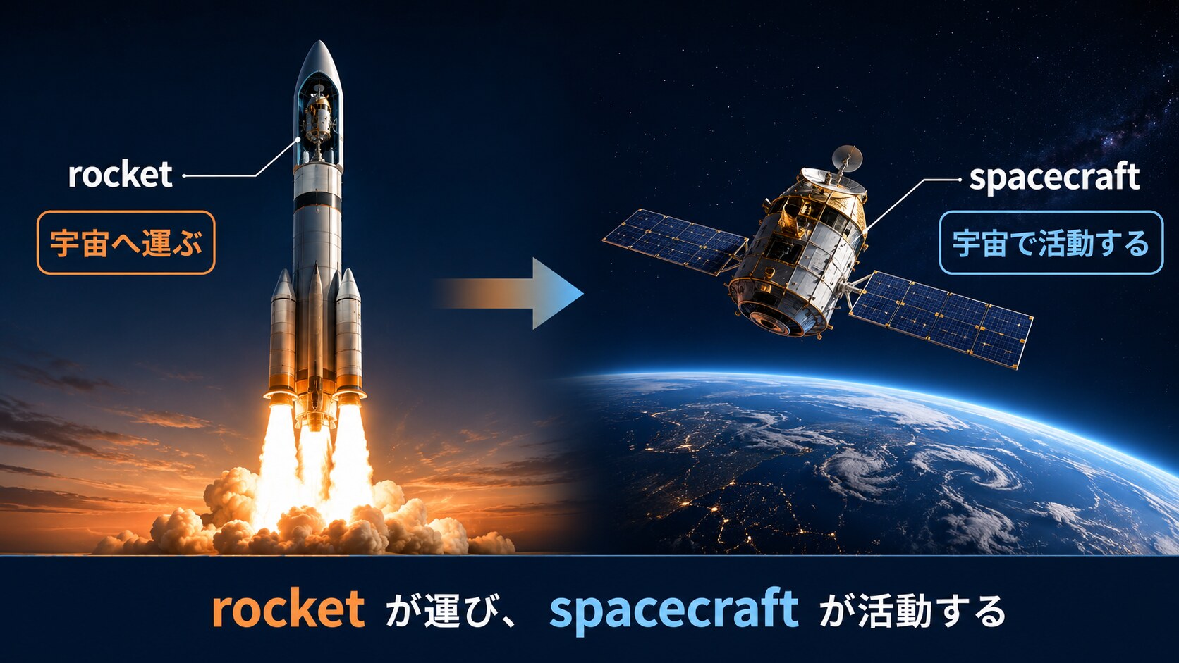 rocketは宇宙へ運びspacecraftは宇宙で活動するという違いを示す図解