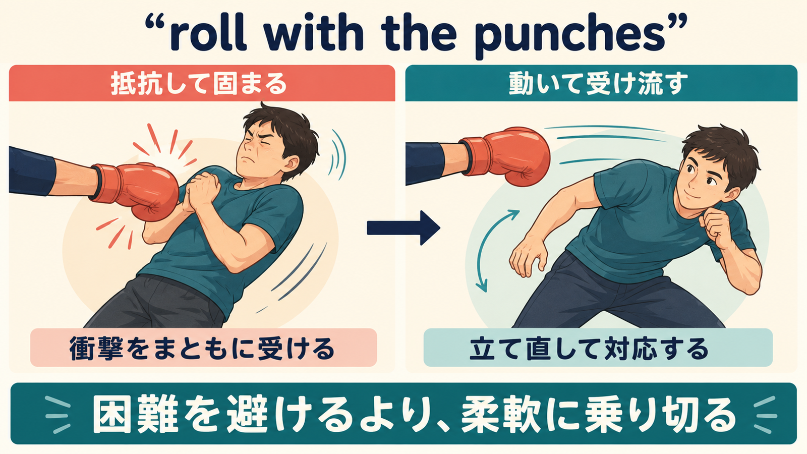roll with the punchesのコアイメージと困難への柔軟な対応を説明するイラスト