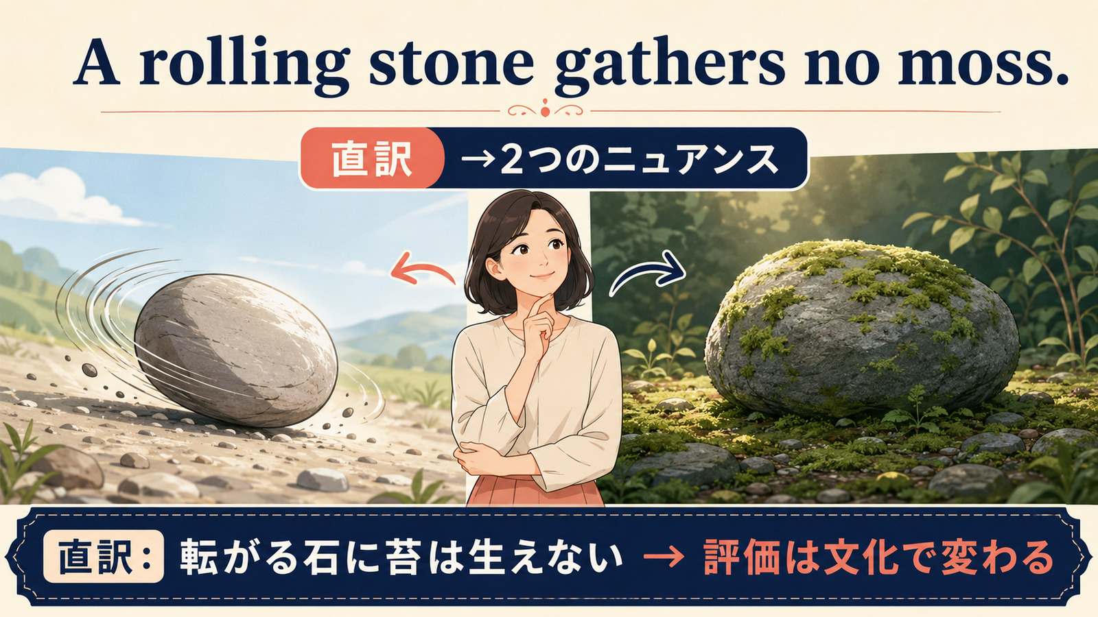 A rolling stone gathers no moss.の直訳と実際の意味を比較する解説イラスト