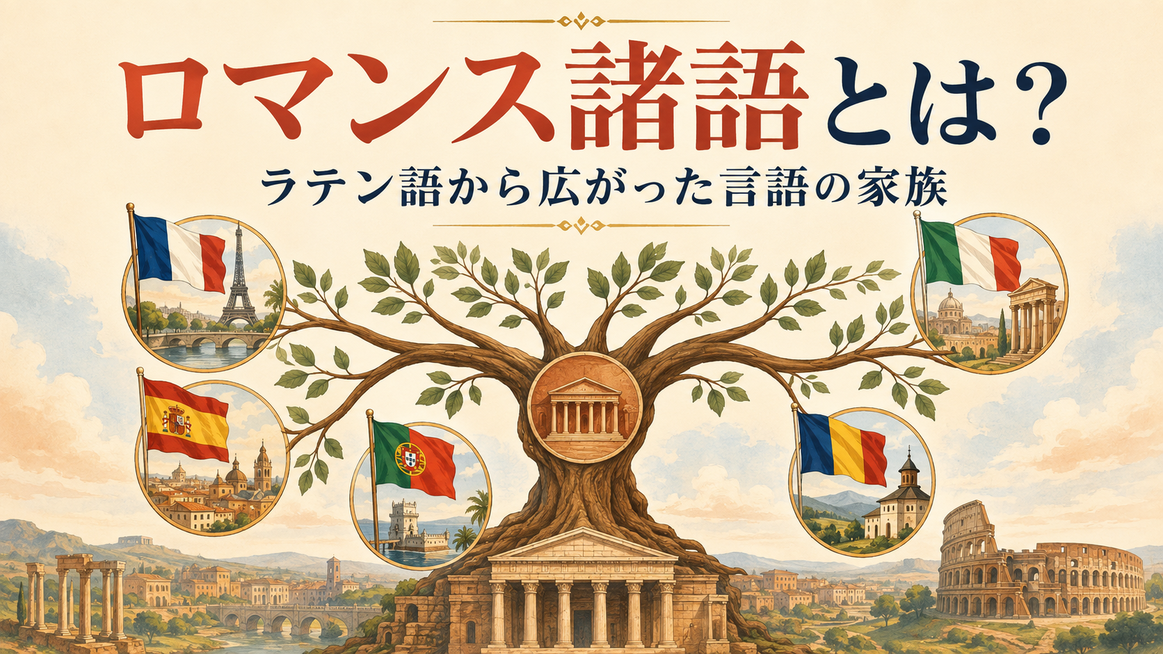 ラテン語からフランス語・スペイン語・イタリア語・ポルトガル語・ルーマニア語へ枝分かれするロマンス諸語の図