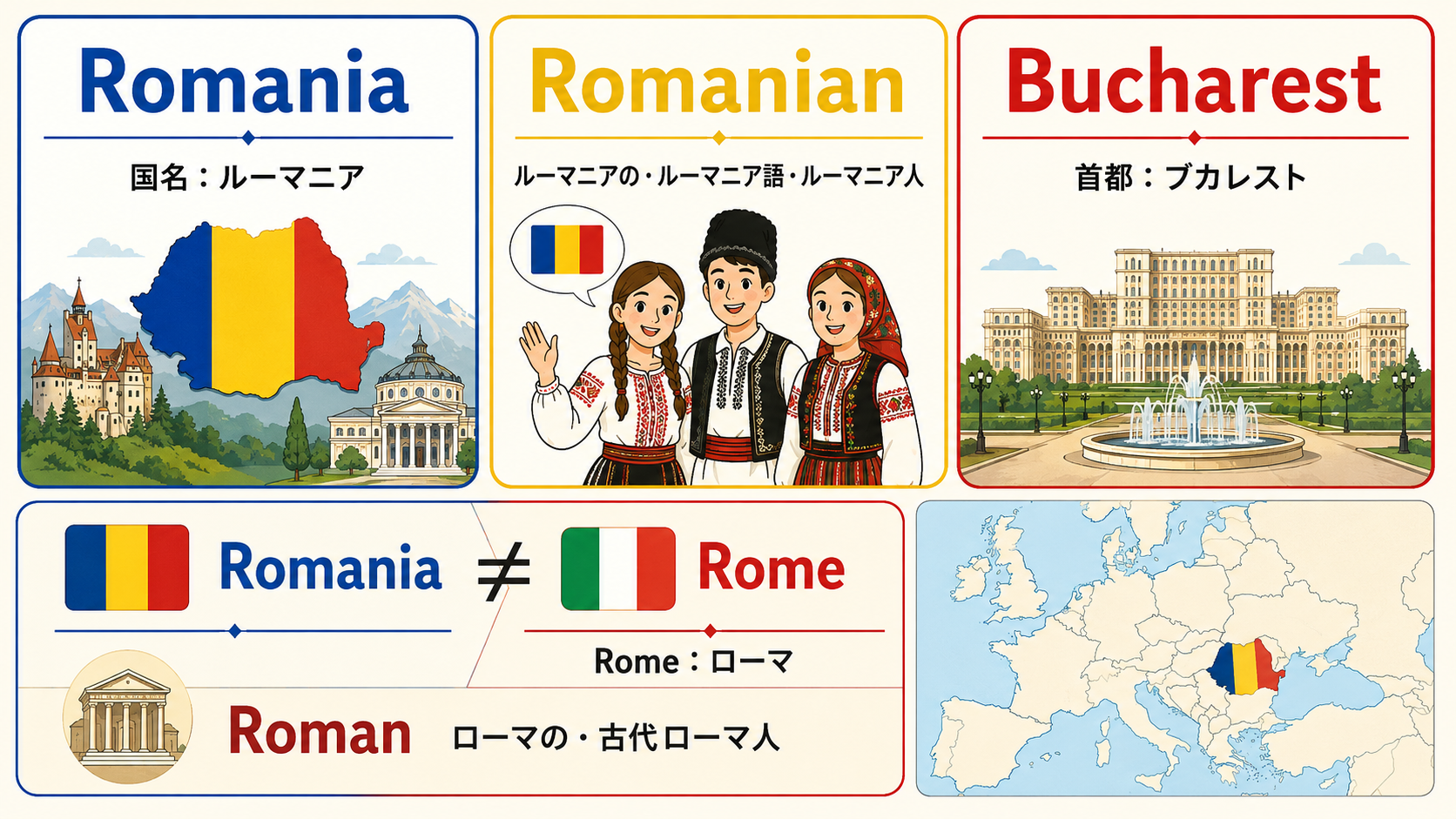 Romaniaは国名、Romanianは形容詞・言語・人、Bucharestは首都、RomeとRomanとの違いを示す図解