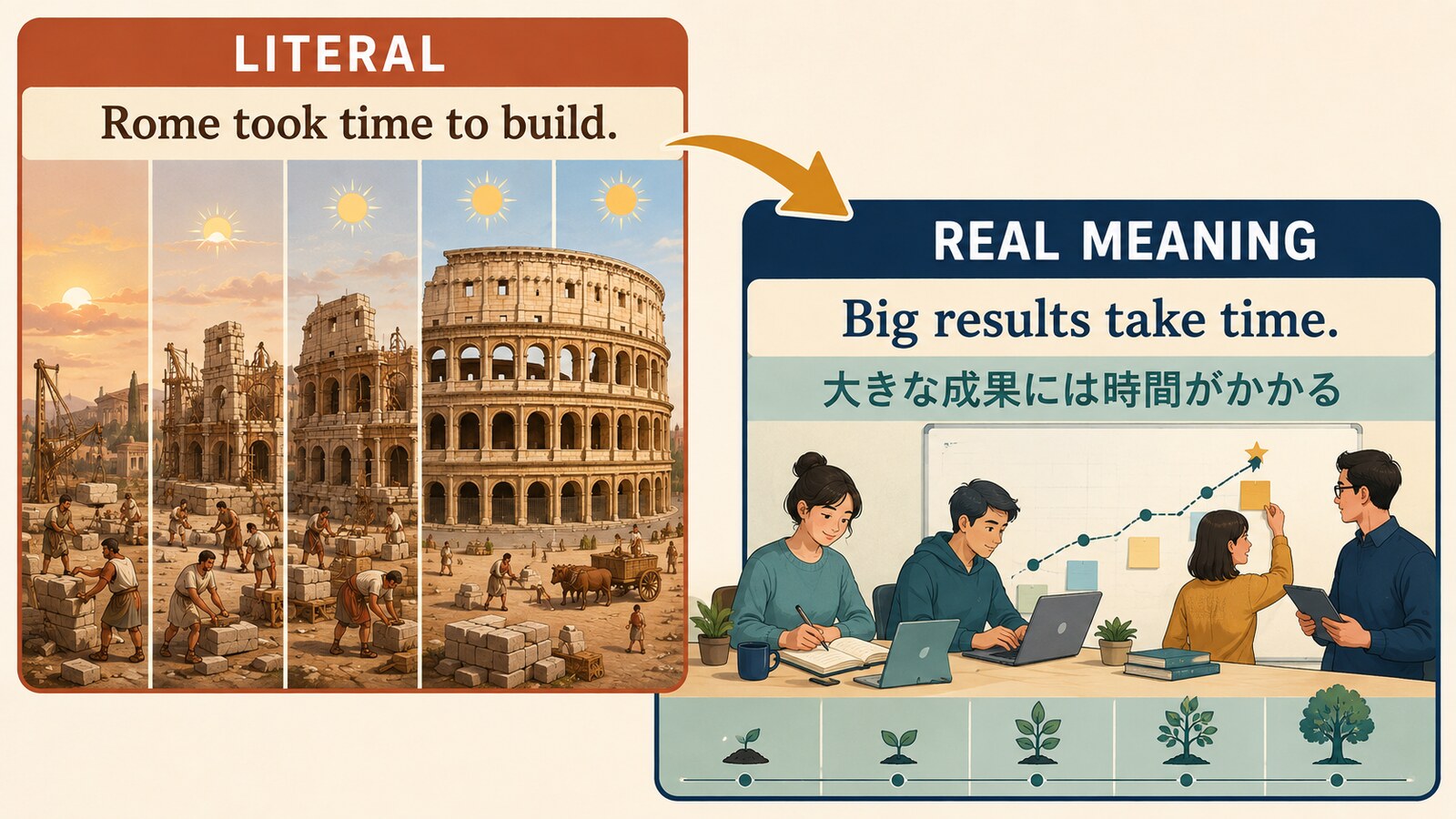 Rome wasn't built in a dayの直訳と「大きな成果には時間がかかる」という意味の比較イラスト