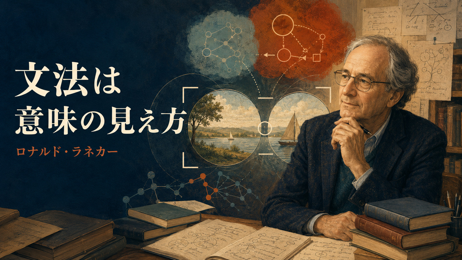 ロナルド・ラネカーと「文法は意味の見え方」という認知文法の考えを表すイラスト